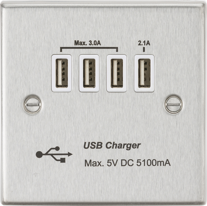 Quad USB Charger Outlet (5.1A) - Brushed Chrome with White Insert