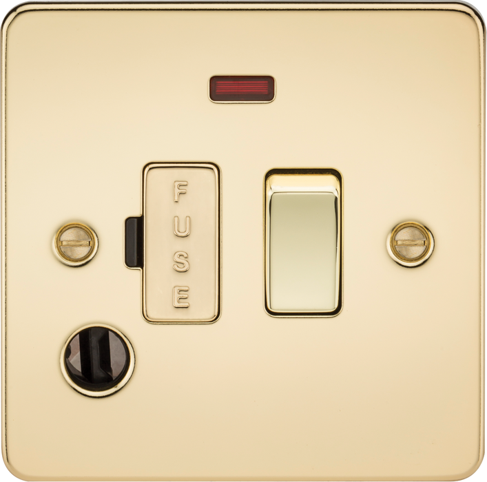 Flat Plate 13A switched fused spur unit with neon and flex outlet - polished brass