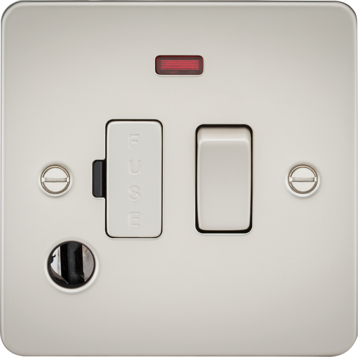 Flat Plate 13A switched fused spur unit with neon and flex outlet - pearl