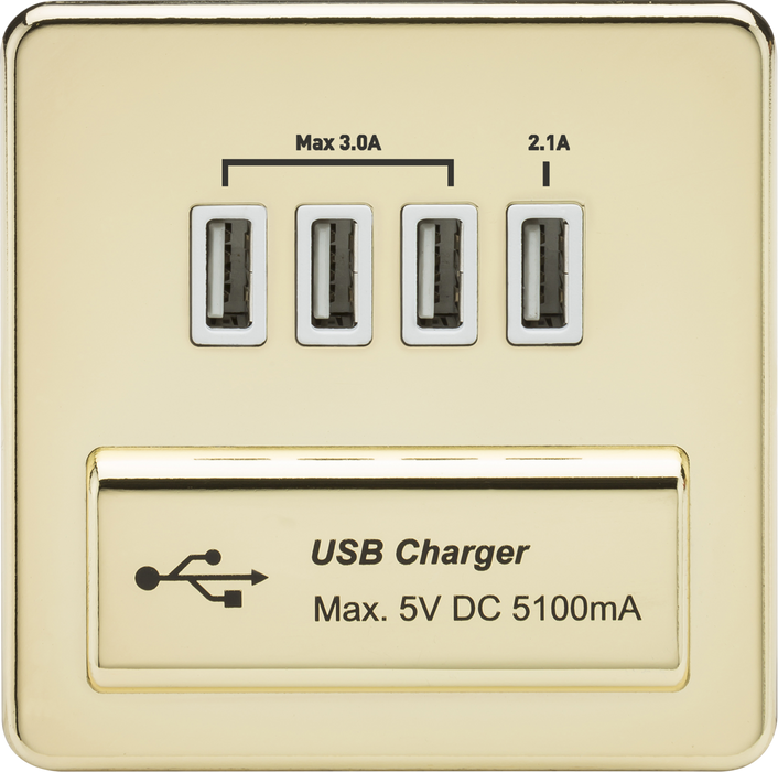 Screwless Quad USB Charger Outlet (5.1A) - Polished Brass with White Insert