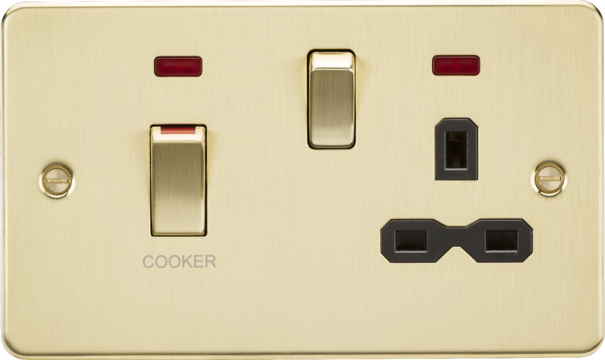 45A DP Switch and 13A switched socket with neons - brushed brass with black insert