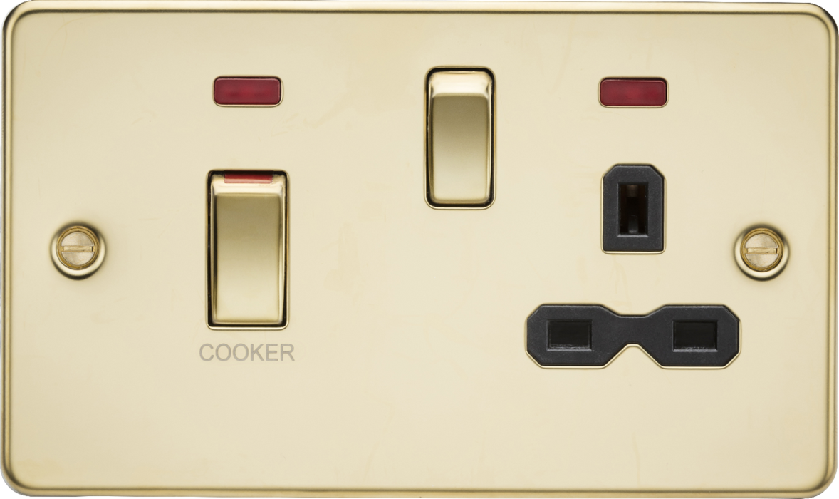45A DP Switch and 13A switched socket with neons - polished brass with black insert