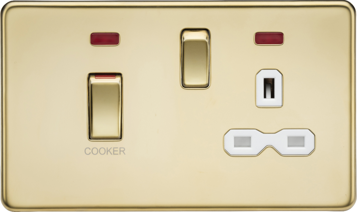 45A DP switch and 13A switched socket with neons - polished brass with white insert