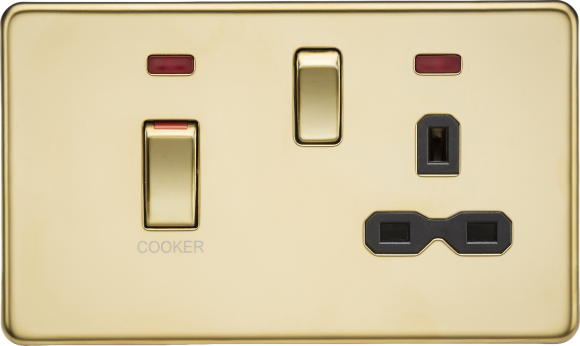 45A DP switch and 13A switched socket with neons - polished brass with black insert