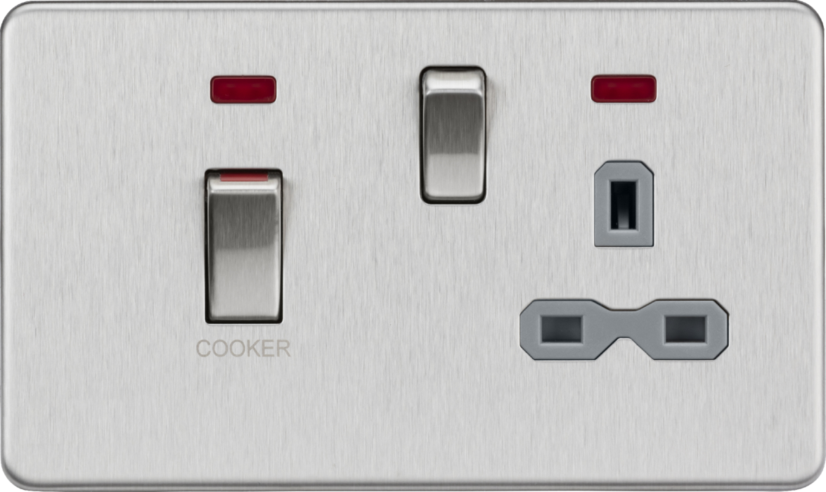 45A DP switch and 13A switched socket with neons - brushed chrome with grey insert