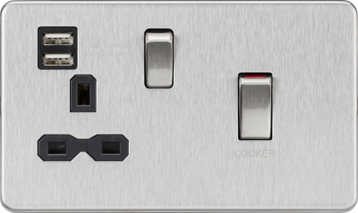 45A DP Switch and 13A switched socket with dual USB charger - brushed chrome with black insert