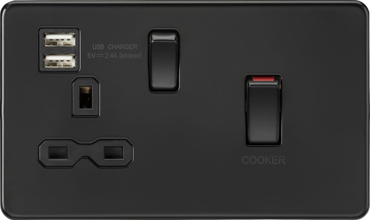 45A DP Switch & 13A Socket with Dual USB A+A (5V DC 2.4A shared) - Matt Black with Black Insert