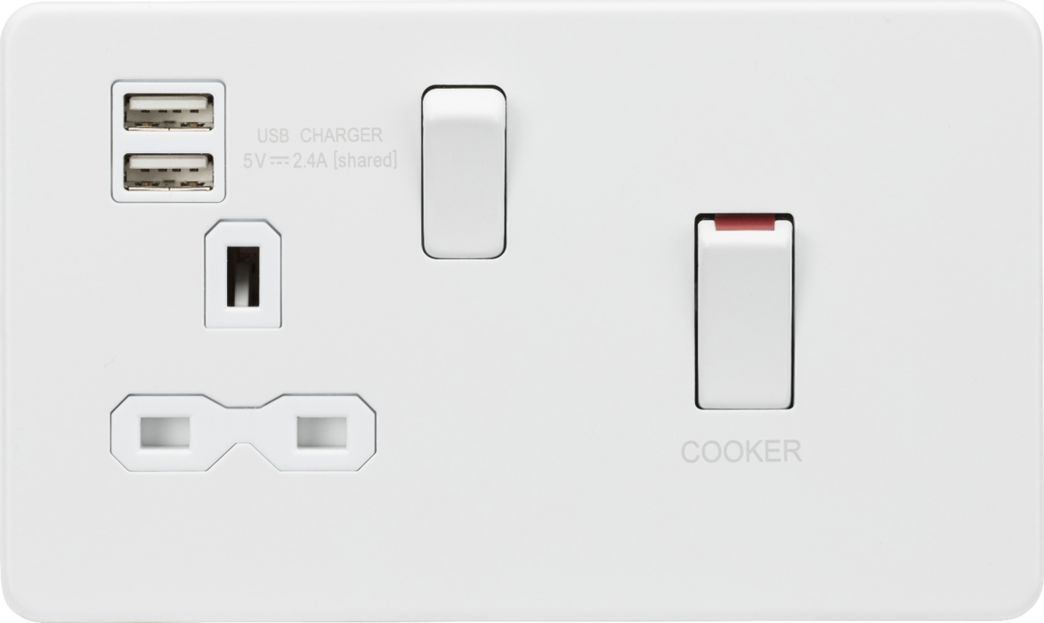 45A DP Switch and 13A switched socket with dual USB charger - matt white