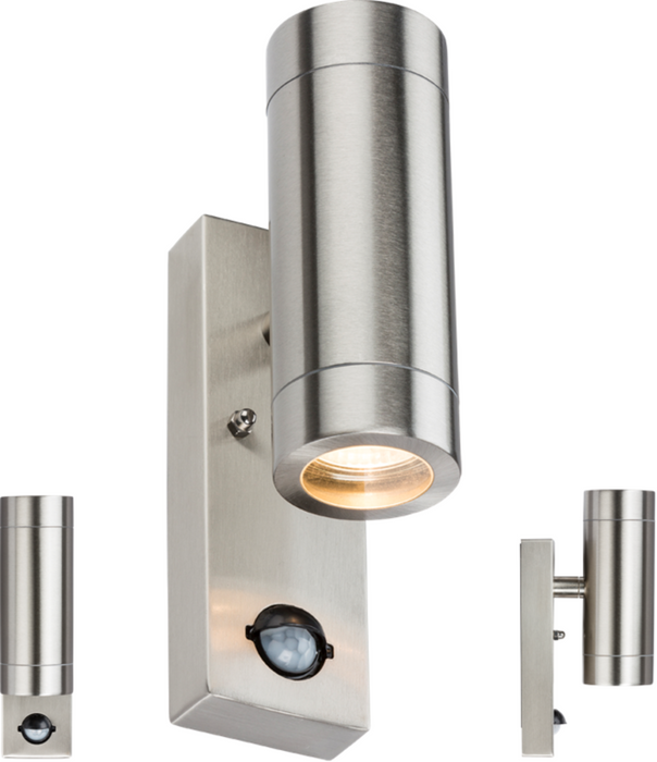 230V IP44 2 X GU10 Stainless Steel Up/Down Wall Light with Pir
