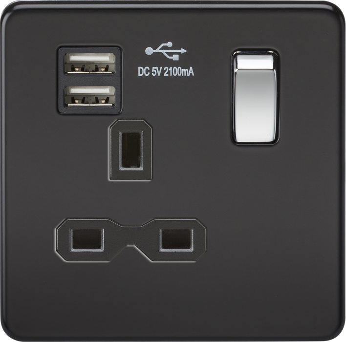 Screwless 13A 1G switched socket with dual USB charger (2.1A) - matt black with chrome rocker