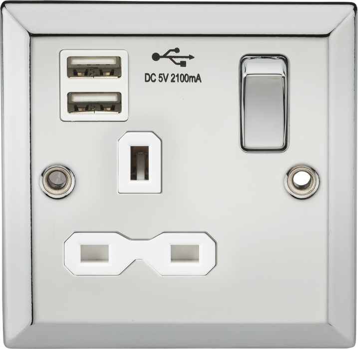 13A 1G Switched Socket Dual USB Charger Slots with White Insert - Bevelled Edge Polished Chrome