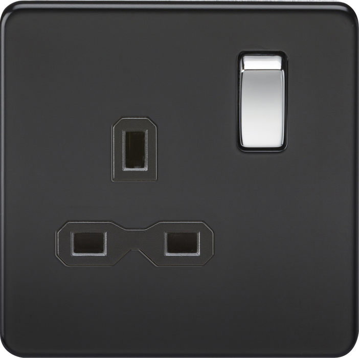 Screwless 13A 1G DP switched socket - matt black with black insert and chrome rockers