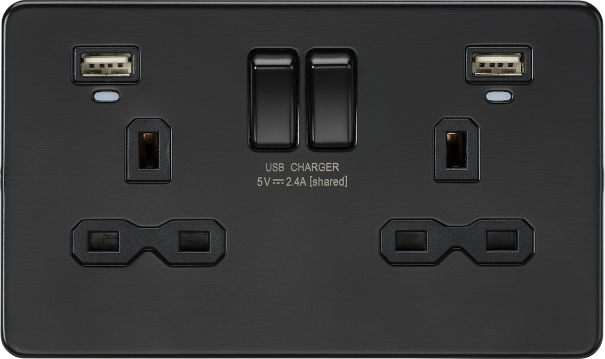 13A 2G Switched Socket, Dual USB (2.4A) with LED Charge Indicators - Matt Black