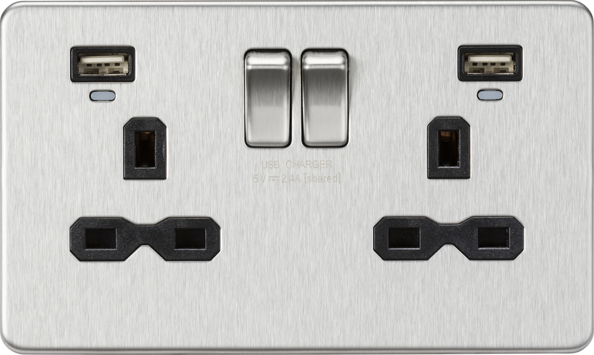 13A 2G Switched Socket, Dual USB (2.4A) with LED Charge Indicators - Brushed Chrome w/black insert