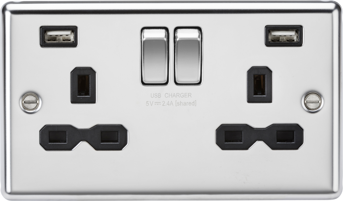13A 2G switched socket with dual USB charger A + A (2.4A) - Polished chrome with black insert