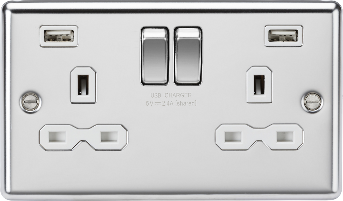 13A 2G switched socket with dual USB charger A + A (2.4A) - Polished chrome with white insert