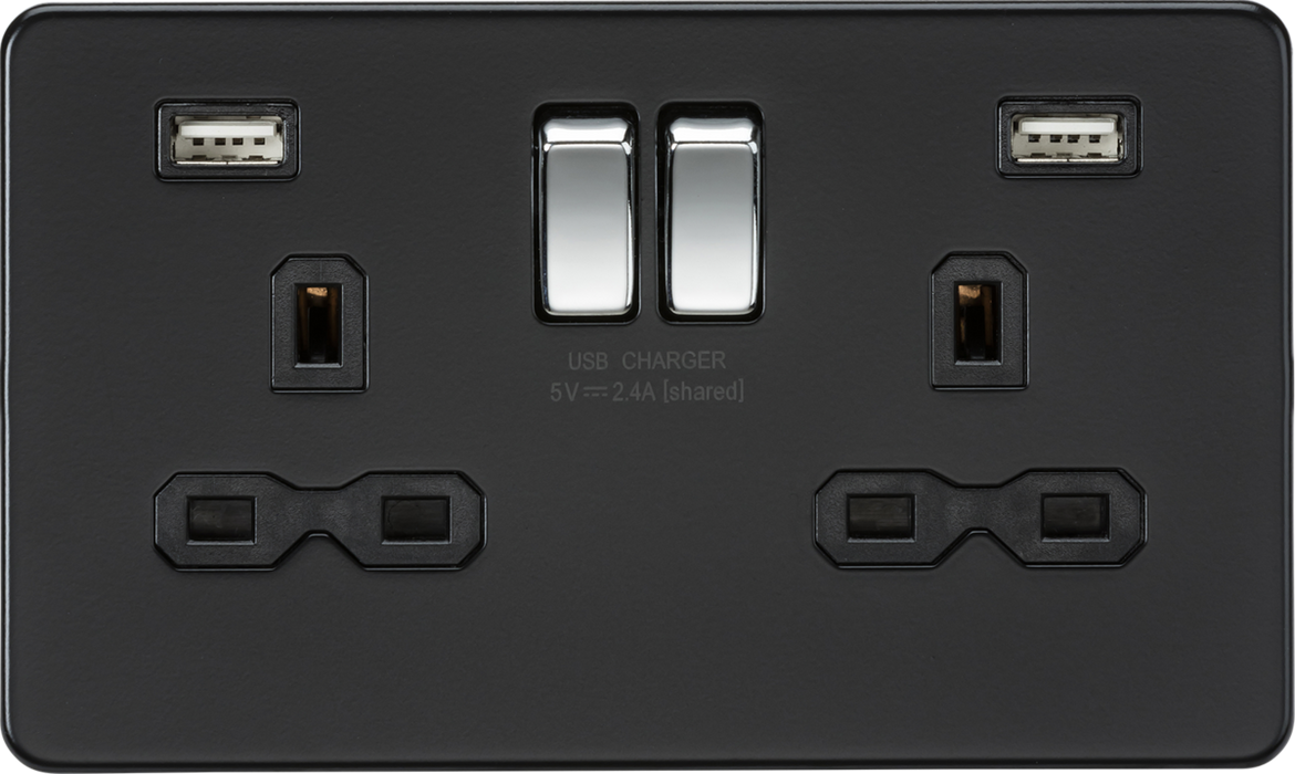 13A 2G switched socket with dual USB charger A + A (2.4A) - Matt black with chrome rockers Rockers