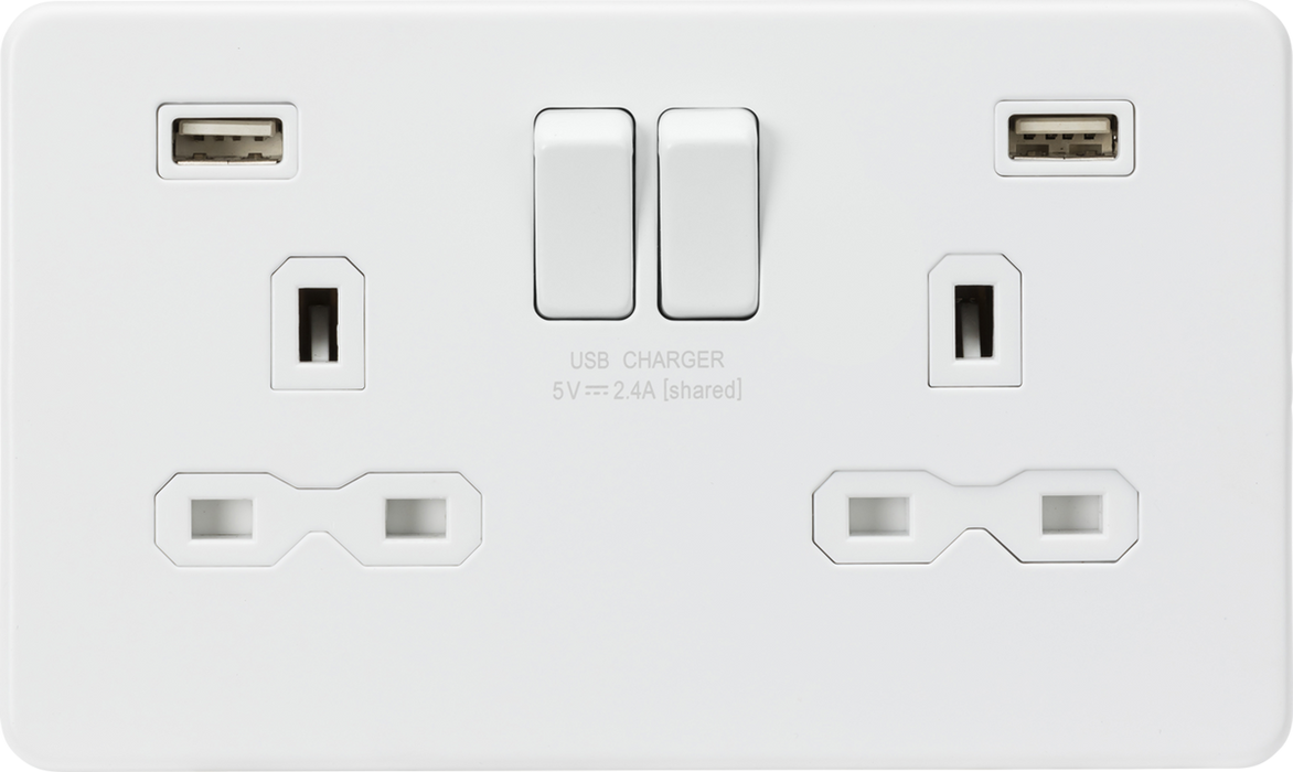 13A 2G switched socket with dual USB charger A + A (2.4A) - Matt white