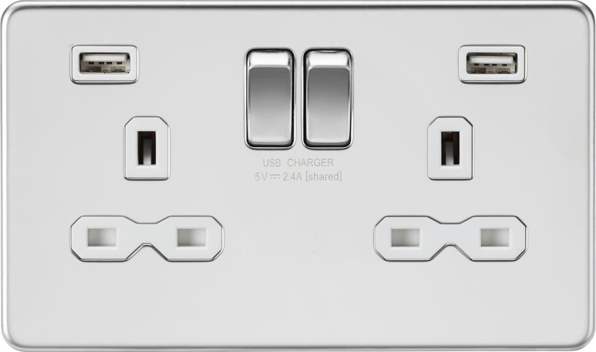 13A 2G switched socket with dual USB charger A + A (2.4A) - Polished chrome with white insert