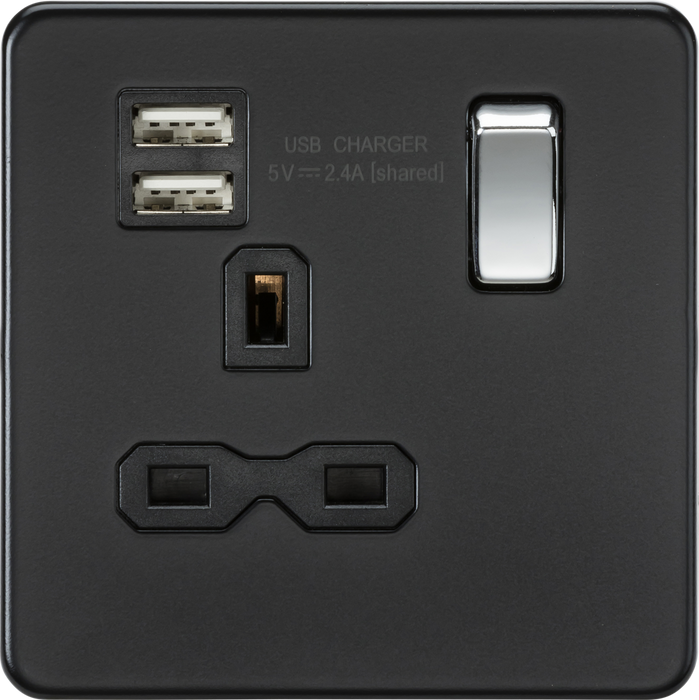 Screwless 13A 1G switched socket with dual USB charger (2.4A) - matt black with chrome rocker