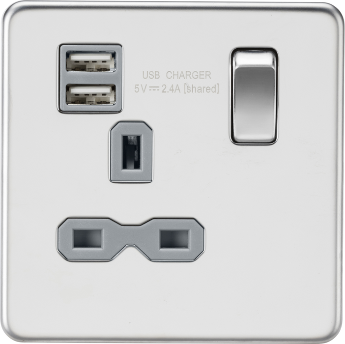 13A 1G SP Switched Socket with Dual USB A+A (5V DC 2.4A shared) - Polished Chrome with Grey Insert