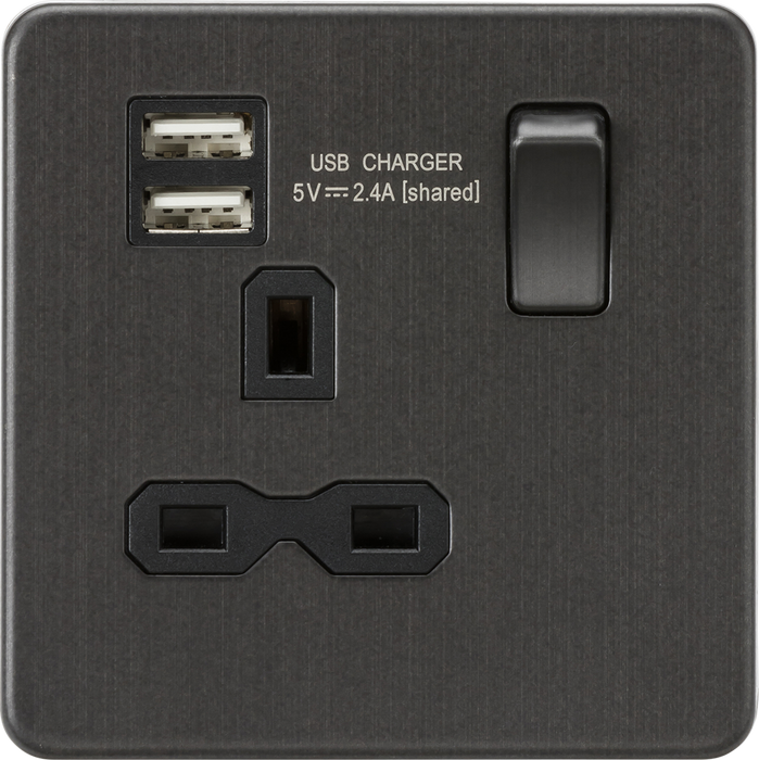 Screwless 13A 1G switched socket with dual USB charger (2.4A) - Smoked Bronze