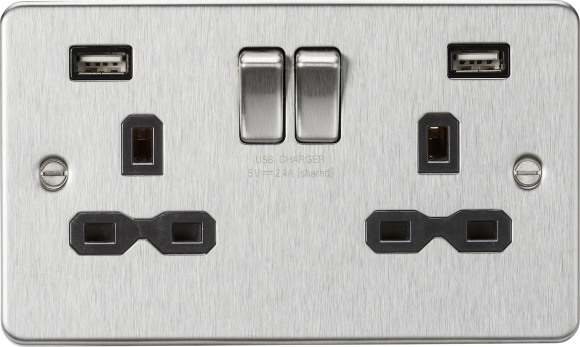 13A 2G switched socket with dual USB charger A + A (2.4A) - Brushed chrome with black insert