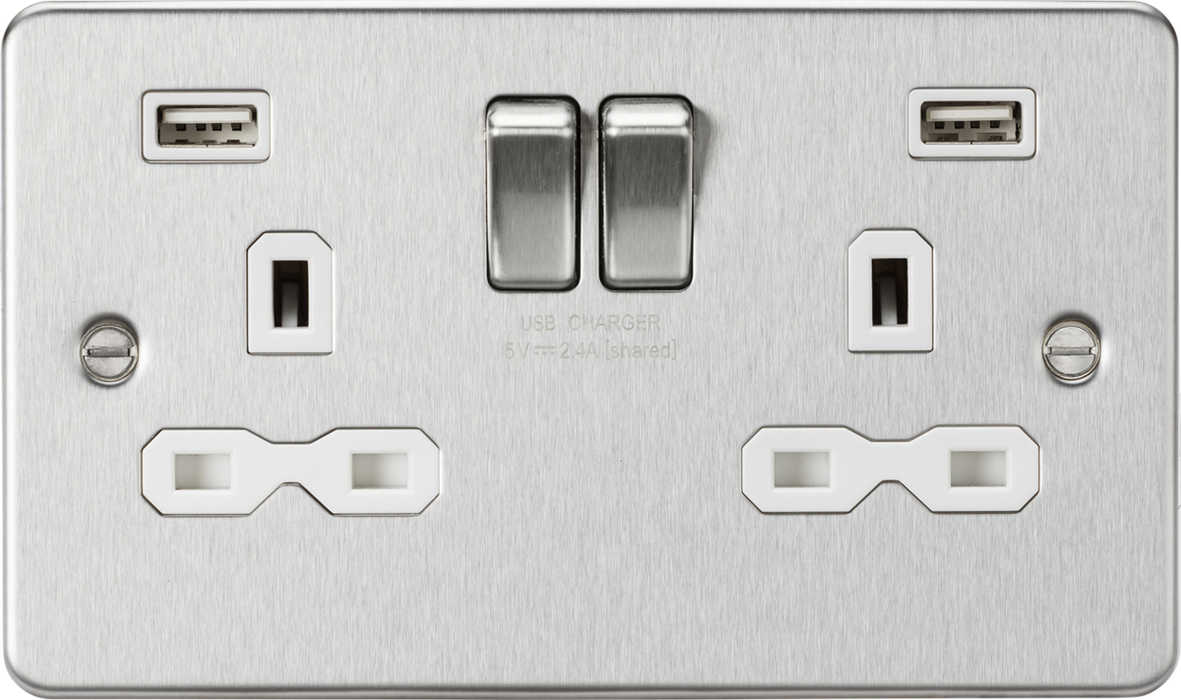 13A 2G switched socket with dual USB charger A + A (2.4A) - Brushed chrome with white insert