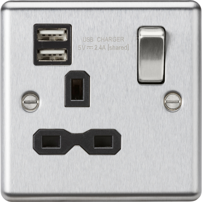 13A 1G Switched Socket Dual USB Charger Slots with Black Insert - Rounded Edge Brushed Chrome