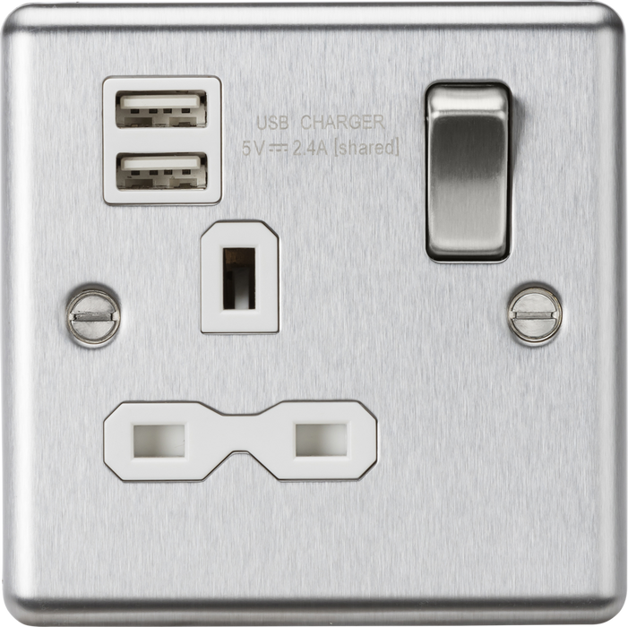13A 1G Switched Socket Dual USB Charger Slots with White Insert - Rounded Edge Brushed Chrome