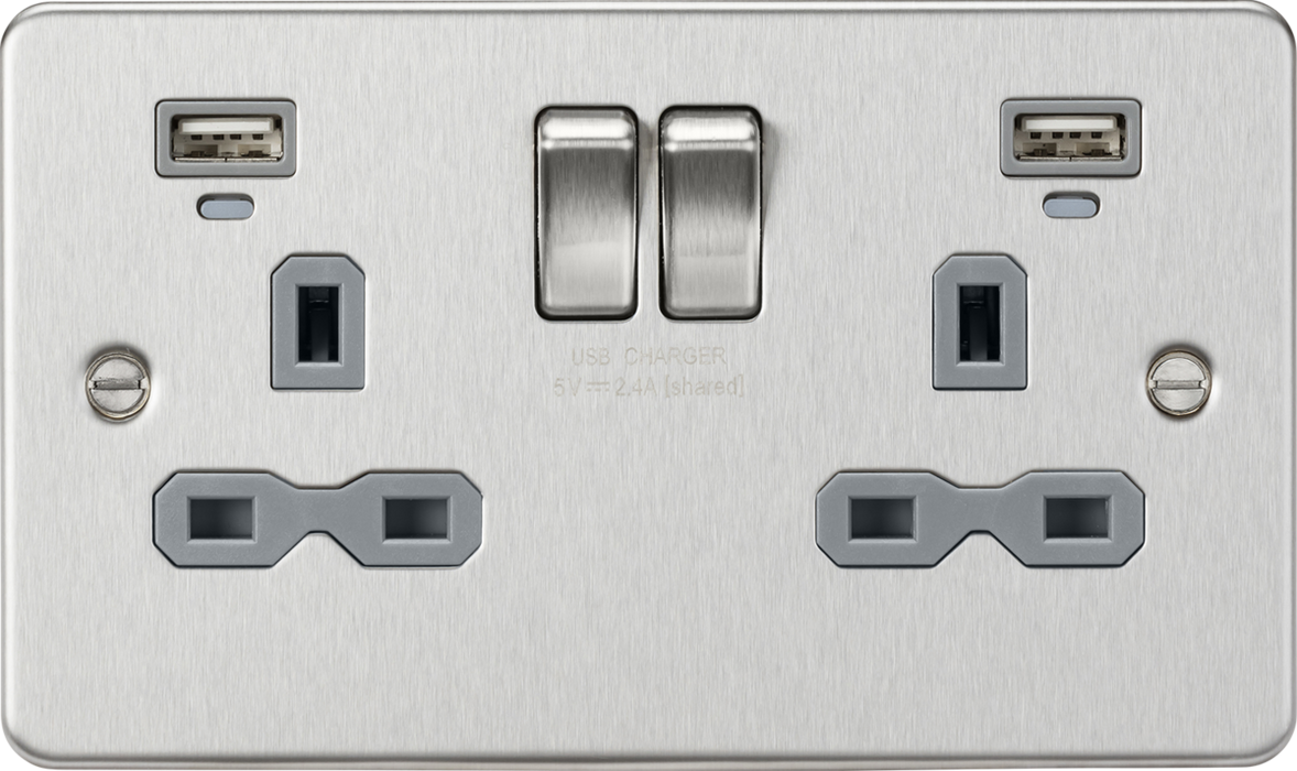 Flat plate 13A 2G switched socket with USB chargers (2.4A) - Brushed Chrome with grey insert