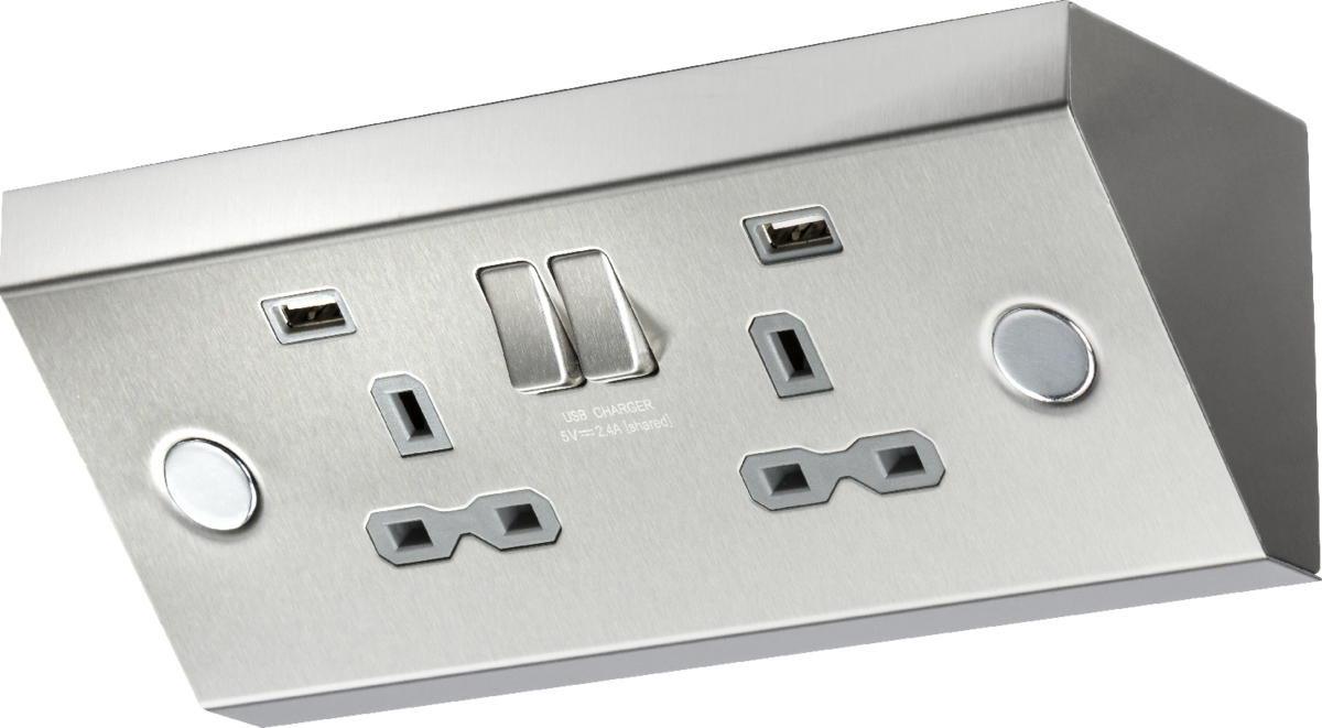 13A 2G Mounting Switched Socket with Dual USB Charger (2.4A) - Stainless Steel with grey insert