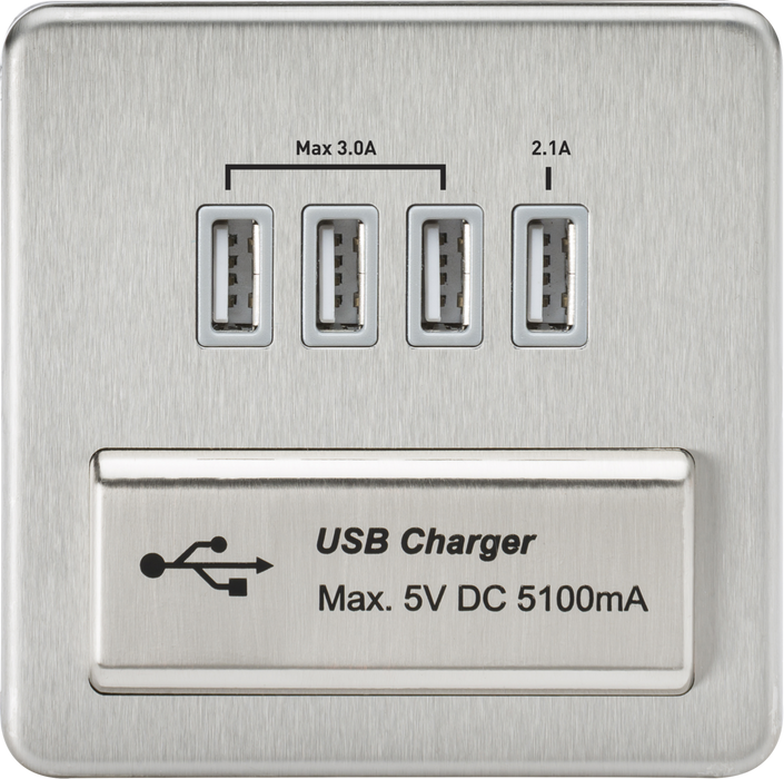 Screwless Quad USB Charger Outlet (5.1A) - Brushed Chrome with Grey Insert
