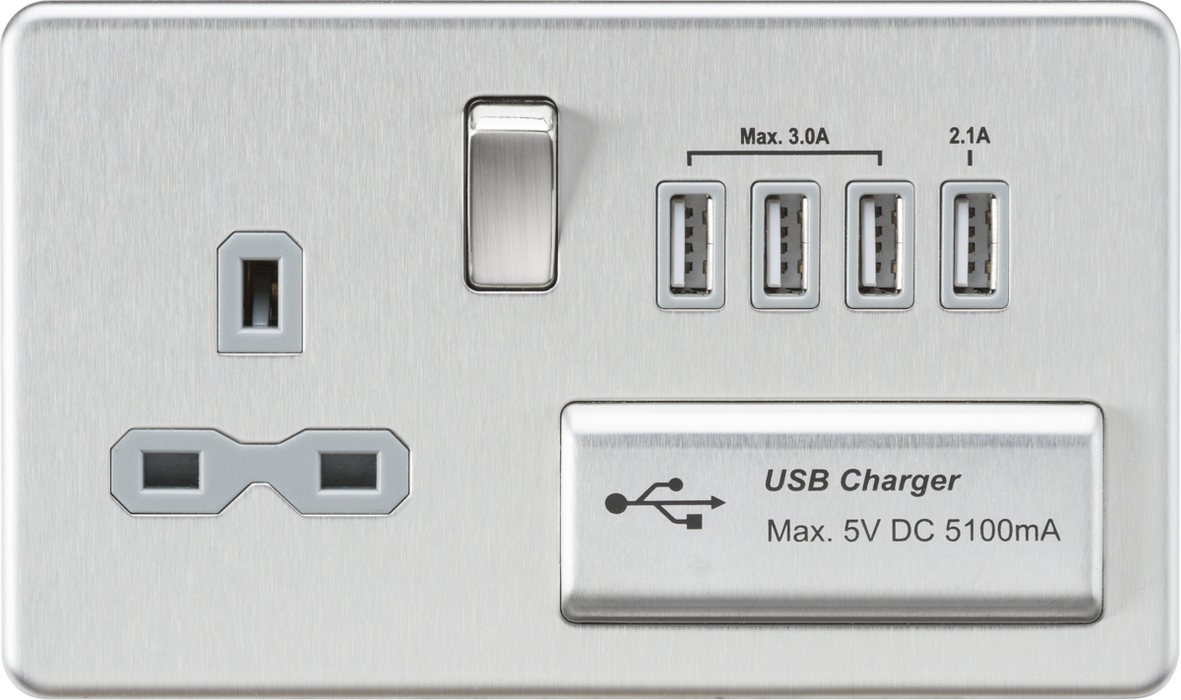 Screwless 13A switched socket with quad USB charger (5.1A) - brushed chrome with grey insert
