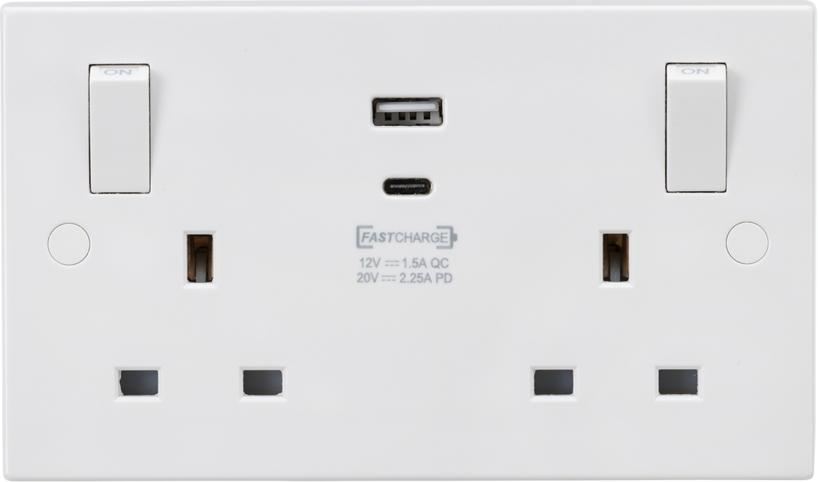 13A 2G Switched socket with outboard rockers and dual USB (A+C) QC18W / USB-PD 45W