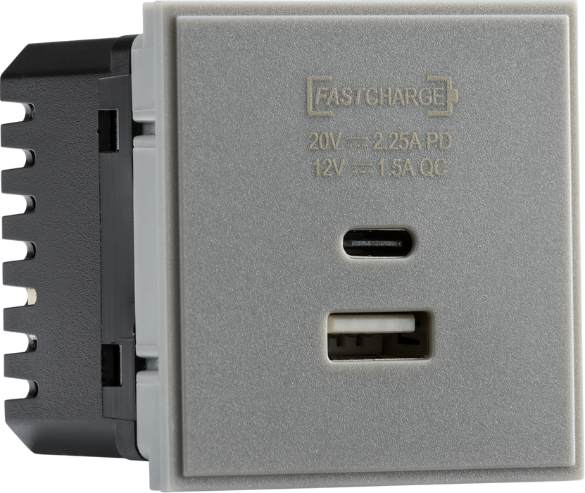 Dual USB charger A+C (18W QC / 45W USB-PD) 50 x 50mmm - grey