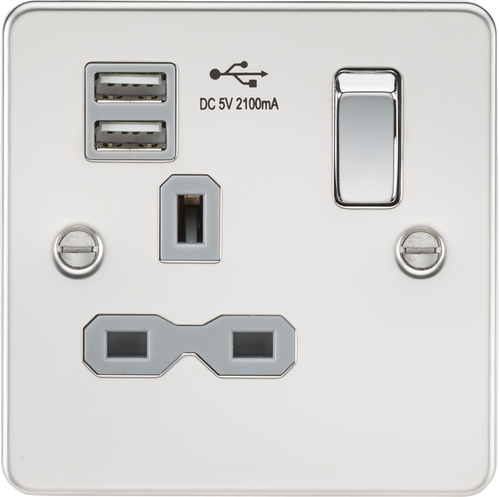 Flat plate 13A 1G switched socket with dual USB charger (2.1A) - polished chrome with grey insert