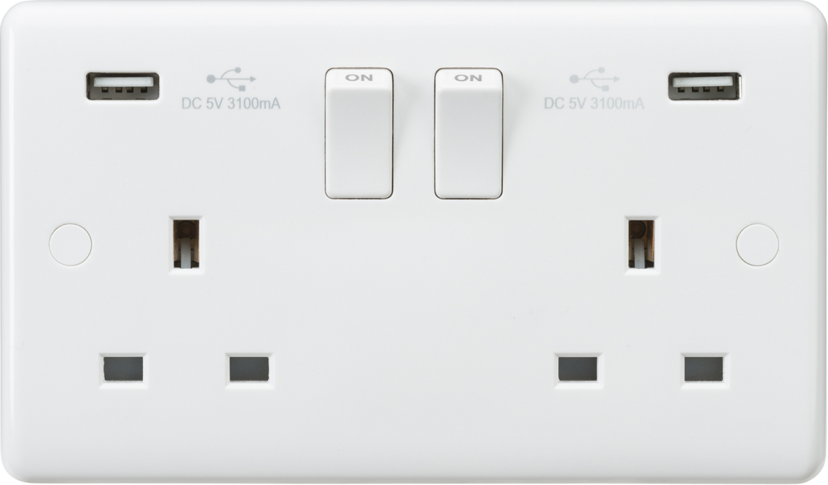 Curved Edge 13A 2G Switched Socket with Dual USB Charger (5V DC 3.1A shared)