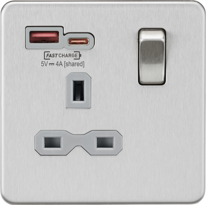 13A 1G SP Switched Socket with Dual USB A+C 12V DC 1.5A [Max. 18W] - Brushed Chrome with Grey Insert