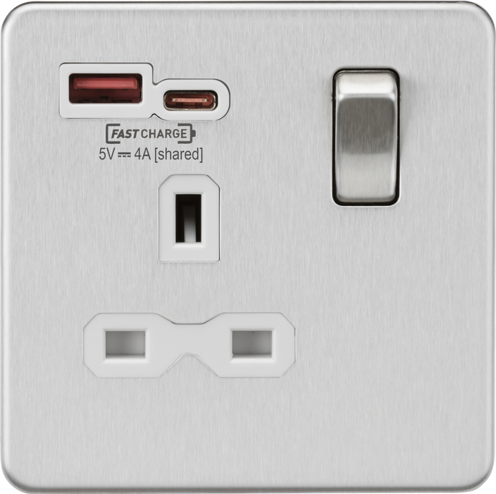 13A 1G SP Switched Socket with Dual USB A+C 12V DC 1.5A [Max. 18W] - Brushed Chrome w/White Insert