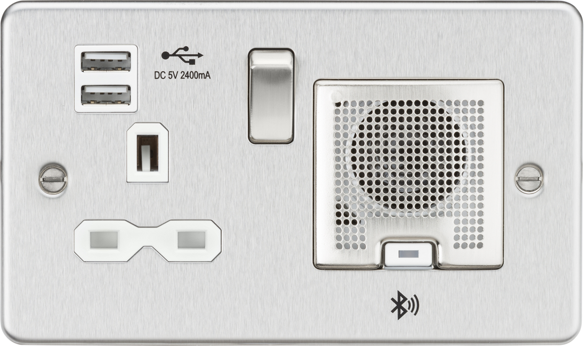 Flat Plate 13A socket, USB chargers (2.4A) and Bluetooth Speaker - Brushed chrome with white insert