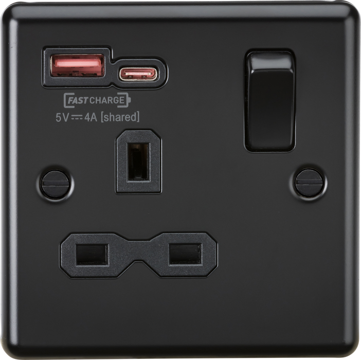 13A 1G SP Switched Socket with Dual USB A+C 12V DC 1.5A [Max. 18W] - Matt Black with Black Insert