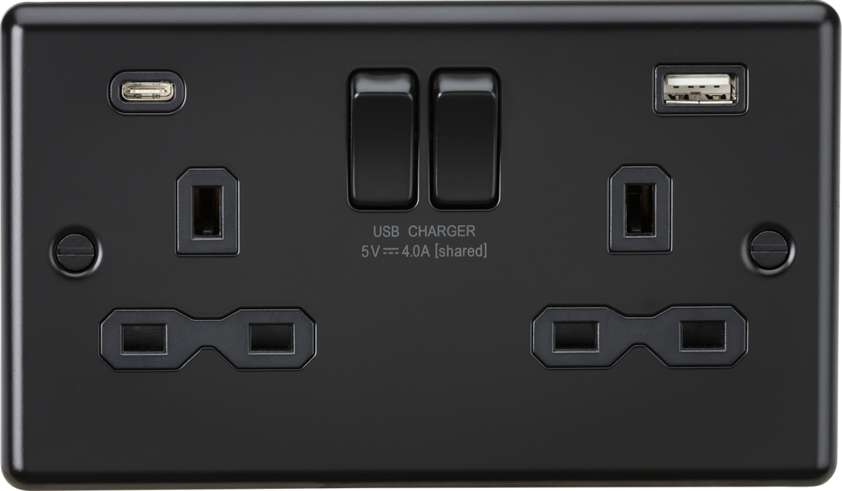 13A 2G SP Switched Socket with Dual USB A+C (5V DC 4.0A shared) - Matt Black with Black Insert