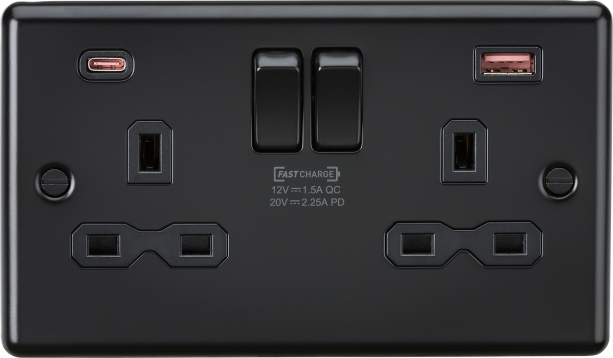 13A 2G DP Switched Socket with Dual USB A+C 20V DC 2.25A (Max. 45W) - Matt Black with Black Insert