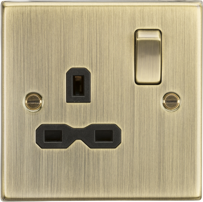 13A 1G DP Switched Socket with Black Insert - Square Edge Antique Brass