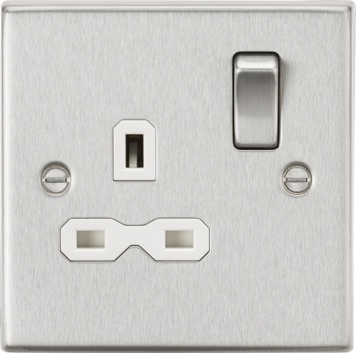 13A 1G DP Switched Socket with White Insert - Square Edge Brushed Chrome
