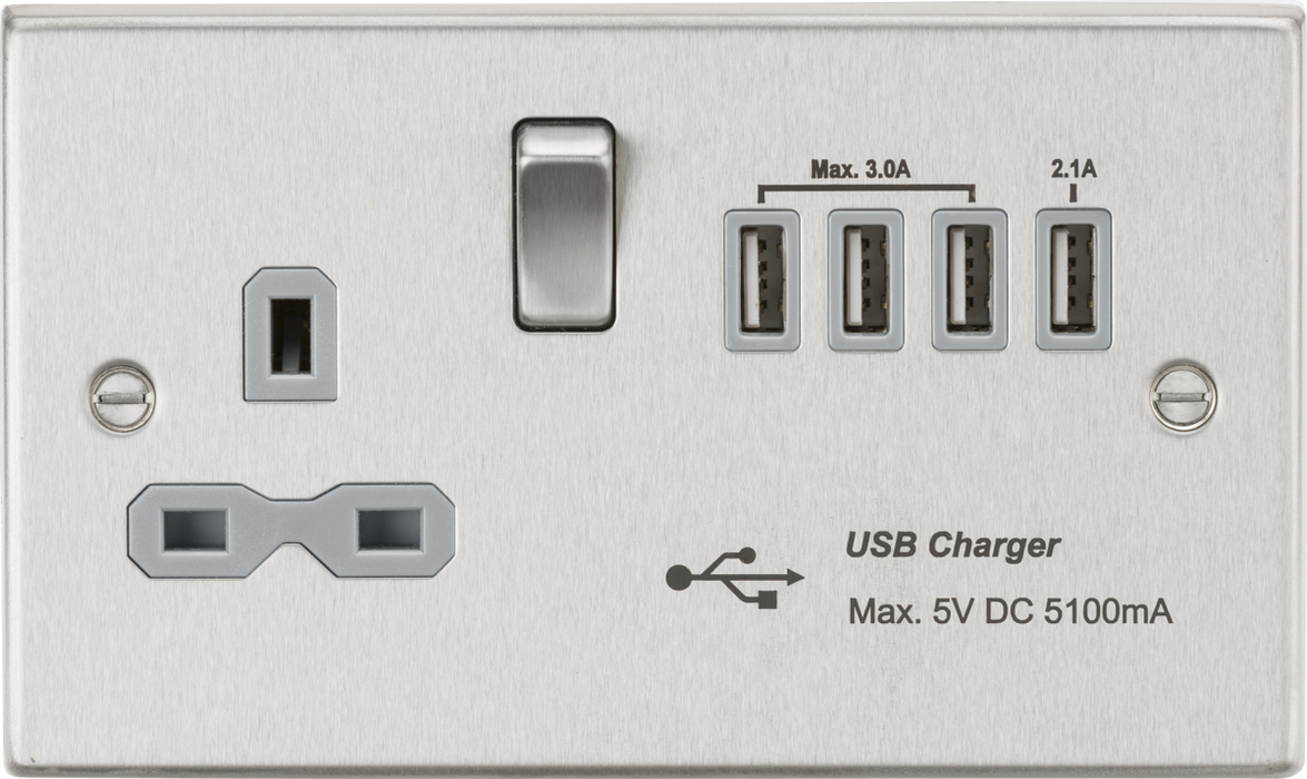13A switched socket with quad USB charger (5.1A) - brushed chrome with grey insert
