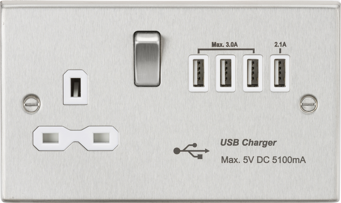13A switched socket with quad USB charger (5.1A) - brushed chrome with white insert