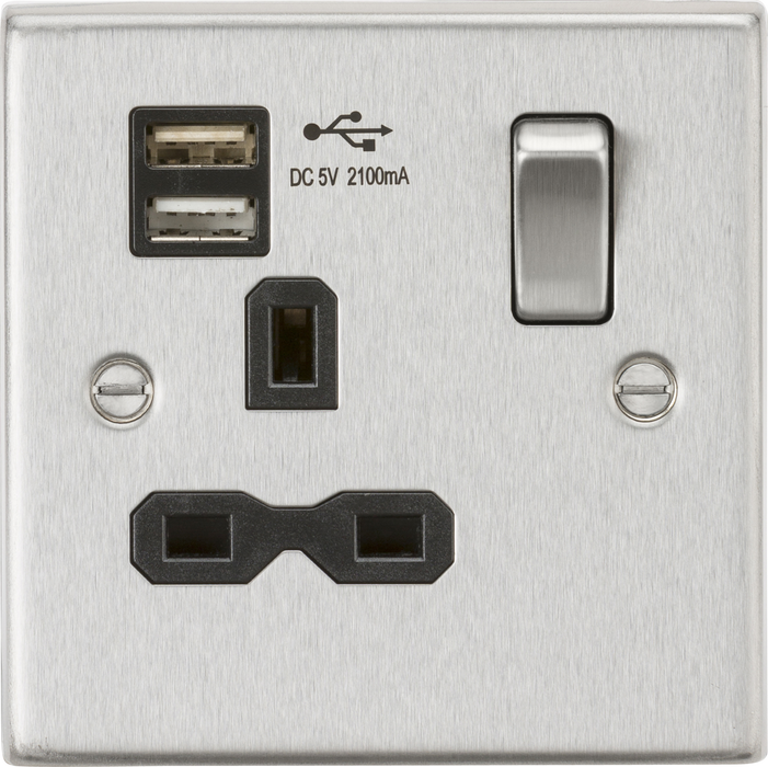 13A 1G Switched Socket Dual USB Charger (2.1A) with Black Insert - Square Edge Brushed Chrome
