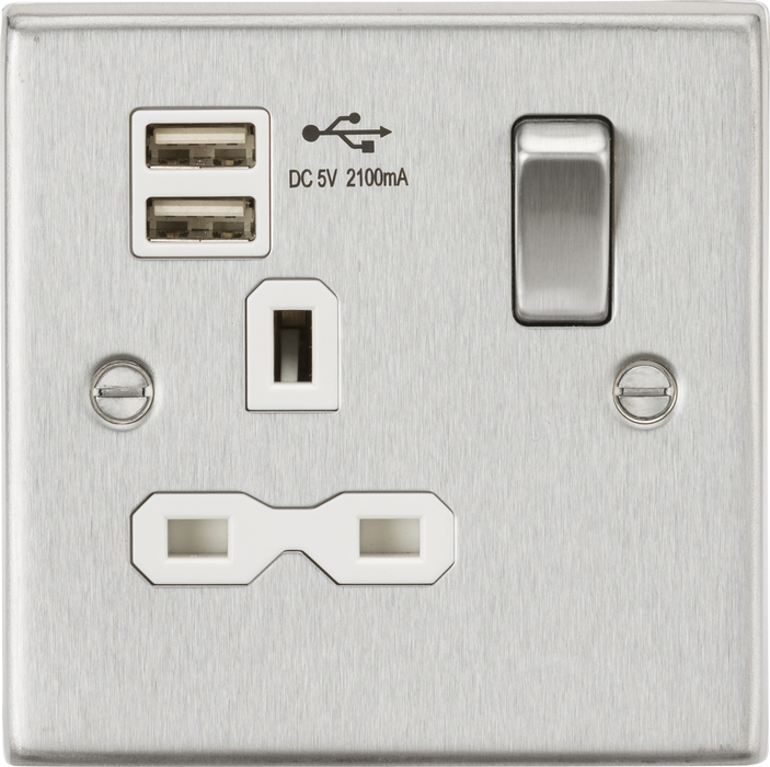 13A 1G Switched Socket Dual USB Charger (2.1A) with White Insert - Square Edge Brushed Chrome